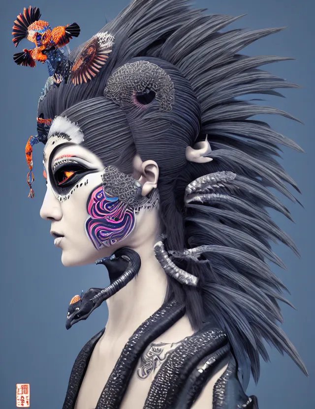 Image similar to 3 d goddess close - up profile portrait punk with mohawk with ram skull. beautiful intricately detailed japanese crow kitsune mask and clasical japanese kimono. betta fish, jellyfish phoenix, bio luminescent, plasma, ice, water, wind, creature, artwork by tooth wu and wlop and beeple and greg rutkowski