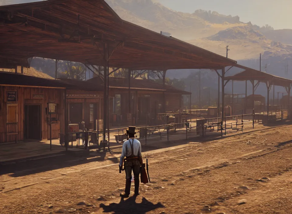 Image similar to a train station as red dead redemption 2 concept art, historical setting, desert environment, serene lighting, atmospheric, cinematic, gorgeous, in the style of diego koi, gina heyer, luiz escanuela, art by alyssa monk, hyperrealism, rule of thirds, golden ratio, oil on canvas, 8 k