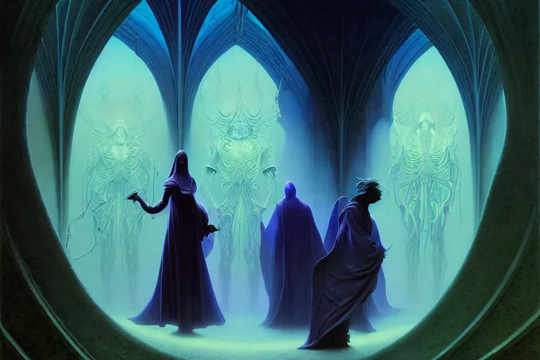 Prompt: the female arcanist and the male artificer by zacharias aagaard and albert bierstadt and gerald brom and zdzisław beksinski and james gilleard and wayne barlowe and marc simonetti, beautiful, robes, highly detailed, hyperrealistic, intricate, energy, electricity, blue flame, low light, green crystal, high contrast