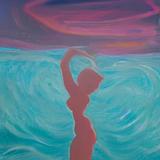 Image similar to beauty silhouette drowning in a turquoise wavy sea, feminine, healing, appeasing, waves, tsunami, she loves another one, mental health, oil painting, by francis bacon, emotional conflict, hd, 8 k, trending on artstation, paradoxal, perfect framing, neo - expressionism, expressive