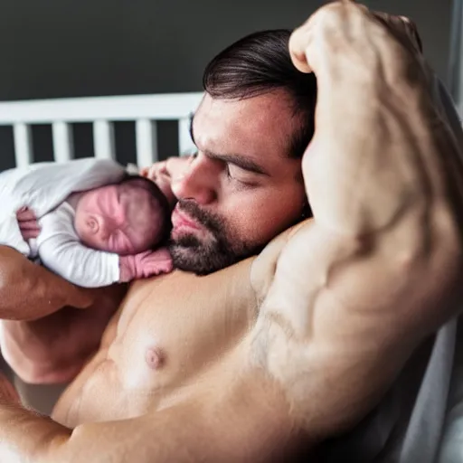 Image similar to huge muscles bodybuilder with head of a baby sleeping in a crib, newborn, barrel chested, rippling muscles, huge veins, bulging muscles, ripped, award winning photography, high detail