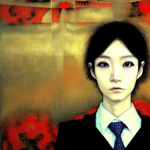 Image similar to yoshitaka amano blurred and dreamy realistic three quarter angle portrait of a young woman with short hair and black eyes wearing office suit with tie, junji ito abstract patterns in the background, satoshi kon anime, noisy film grain effect, highly detailed, renaissance oil painting, weird portrait angle, blurred lost edges