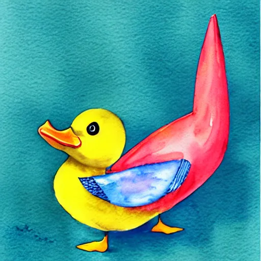 Image similar to hyper realistic watercolor yellow duck with party horn, cute illustration by basia tran