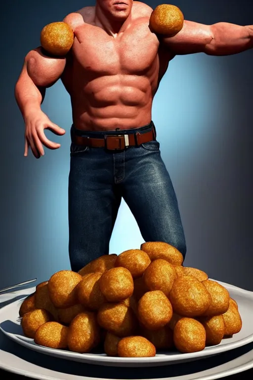 Prompt: a full body shot of channing tatum as half human and a tater tot on a plate, ef 8 5 mm f 1. 8 usm, bionic scifi alexandre ferra, hyper detailed, digital art, trending in artstation, cinematic lighting, studio quality, smooth render, unreal engine 5 rendered, octane rendered