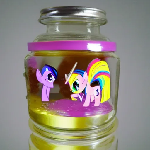 Image similar to a my little pony figure in a jar covered in a mysterious sticky yellowish fluid