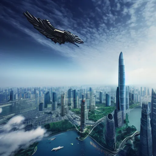 Image similar to spuerman flying upon shanghai lujiazui, cityscape, cloud day, artstation, 8 k