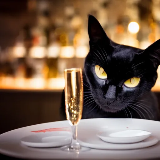 Prompt: a photo of a black cat drinking expensive champagne in a fancy dark bar, mood lighting, f 1. 8, iso 1 6 0 0