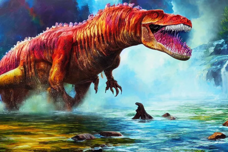 Prompt: highly detailed oil painting of a tyrannosaurus sitting in a steaming colorful hotspring stream, featured on artstation