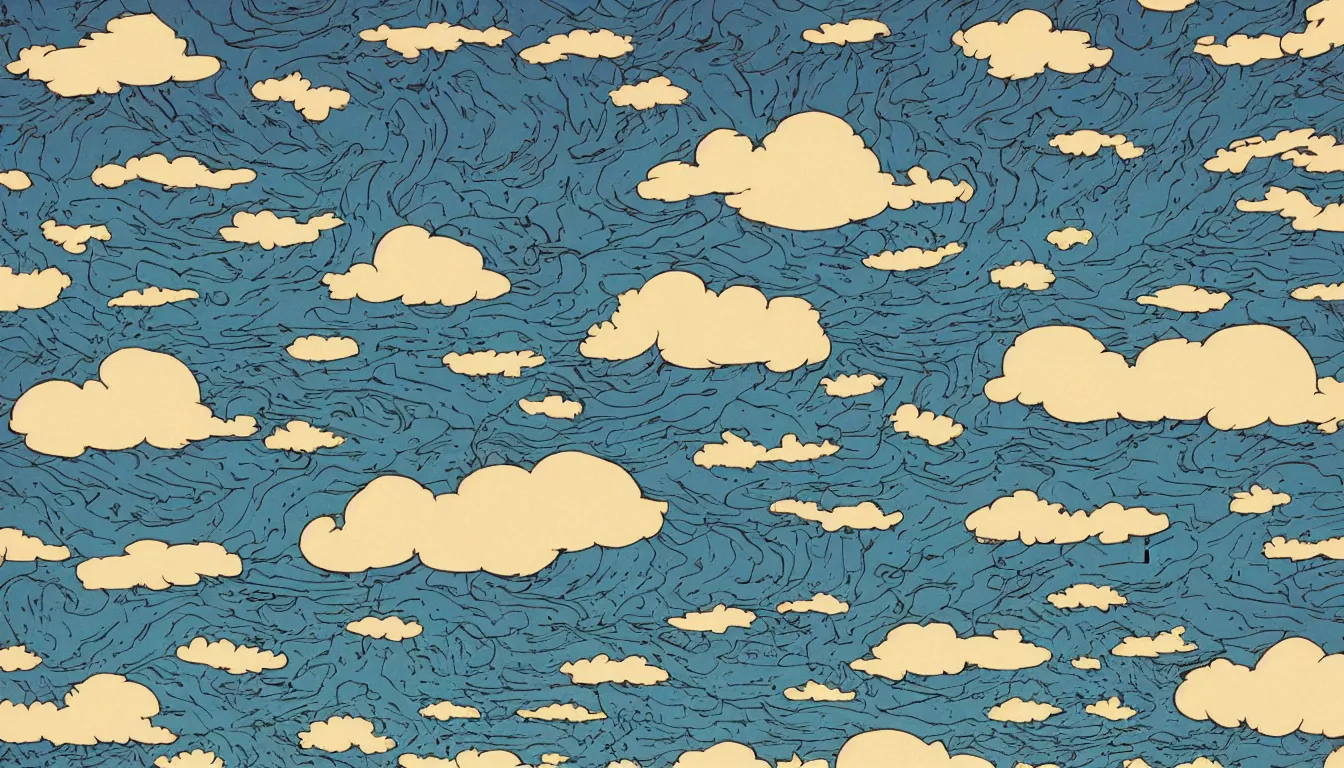 Image similar to clouds in the shape of charlie brown light rays by dan mumford and peter doig and hey arnold, symmetrical, minimal, black ink, thick lines highly detailed, muted colours 8 k