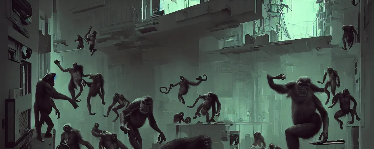 Image similar to duotone noir concept illustration of group wild and crazy apes ruining innside of office rooms, octane render, concept hideo kojima surreal atmosphere, volumentric lighting. cosmic horror. accidental renaissance. by sachin teng and sergey kolesov and ruan jia and heng z. graffiti art, scifi, fantasy, hyper detailed. trending on artstation