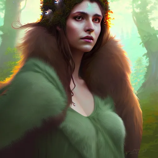 Prompt: a pretty female druid surrounded by wolves, bears, and birds, digital painting, photorealistic, in the style of greg rutkowski, full body, detailed face
