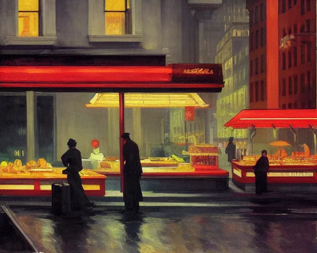 Image similar to street with food stands in a cyberpunk city on a rainy melancholy night by edward hopper