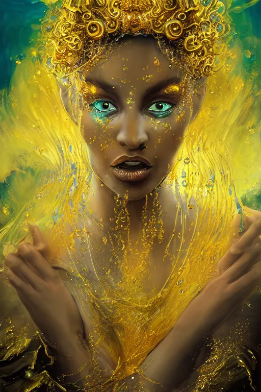 Image similar to epic 3 d oshun, goddess of beauty, liquid hands and feet spinning, 2 0 mm, with gold and yellow fresh water, melting smoothly into asymmetrical bubbles and fish, liquid, delicate, intricate, houdini sidefx, trending on artstation, by jeremy mann and ilya kuvshinov, jamie hewlett and ayami kojima