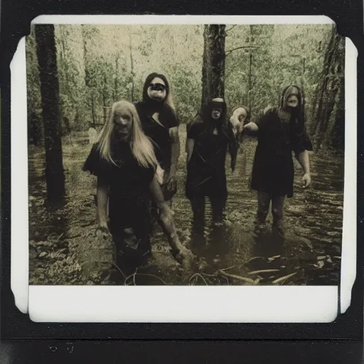 Prompt: Polaroid photo of a satanic cult in the swamp