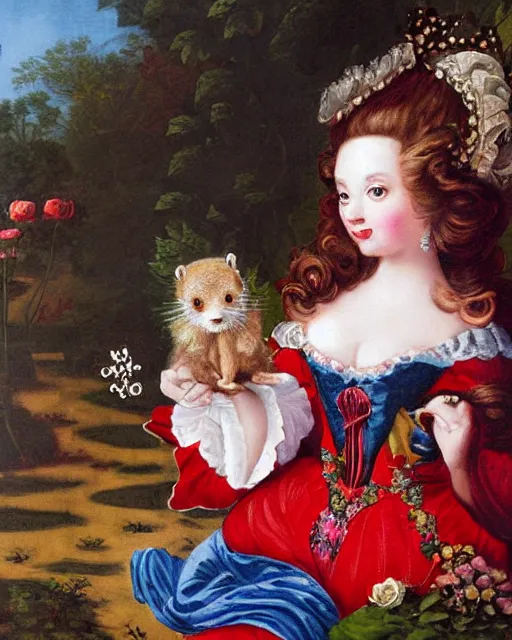 Prompt: A vintage rococo painting by Salvador Dalle Lisa Frank of the red queen chibi otter with her hair so pointy. Says to Alice the rogue chibi fox let's play a game. Paint all the roses red. In alices jumper dress she paints red all over the place. The stoic chibi white rabbit sits in the foreground watching this, staring at his pocket watch 3d render hd 5d digital art