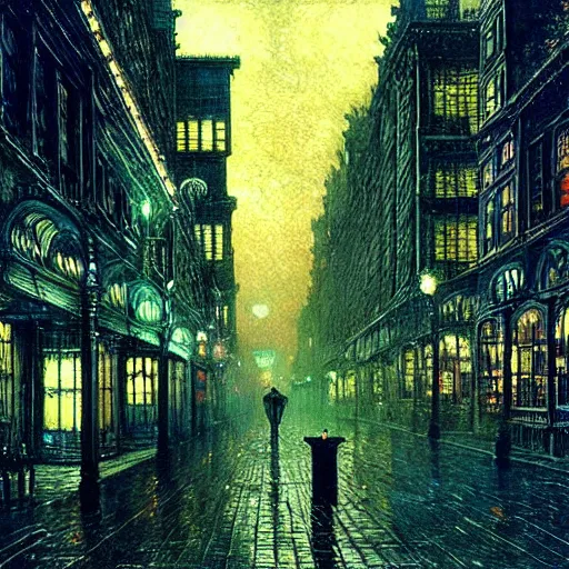 Prompt: occult city by john atkinson grimshaw