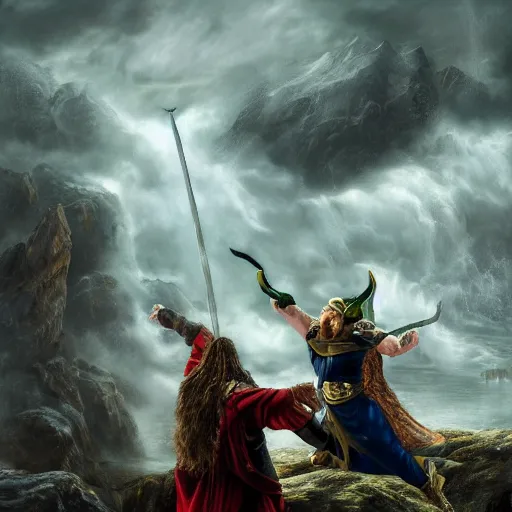 Image similar to the norse god king banishing loki from valhall, dramatic, highly detailed, digital oil, 4 k