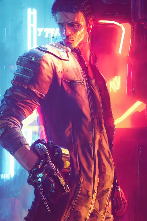 Image similar to a portrait of a rough male adventurer from cyberpunk 2 0 7 7, cyberpunk night club setting, vivid colors, soft lighting, atmospheric, cinematic, moody, in the style of ilya kuvshinov and range murata, krenz cushart, rule of thirds, oil on canvas, 8 k