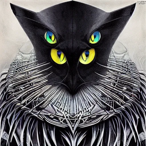 Image similar to a simple crow-like cat painting by Android Jones and M. C. Escher collaboration, futurist, digital art, dramatic lighting