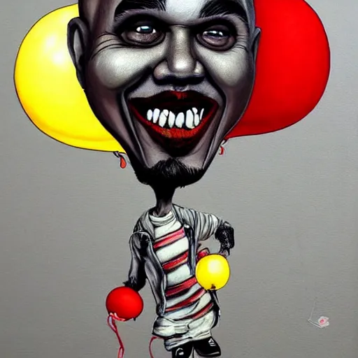 Image similar to grunge painting of kanye with a wide smile and a red balloon by chris leib, loony toons style, pennywise style, corpse bride style, horror theme, detailed, elegant, intricate