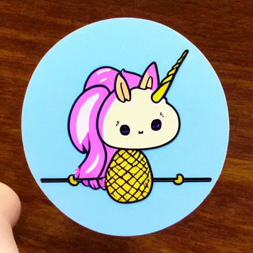 Prompt: die cut sticker of anime chibi kawaii cute pineapple unicorn on a swing set