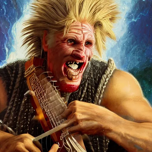 Image similar to detailed photo of a Half-orc bard portrayed by the gigachad Gary Busey with a lute, 8k,by Tristan Eaton, Stanley Artgermm, Tom Bagshaw, Greg Rutkowski, Carne Griffiths, trending on DeviantArt, face enhance, hyper detailed ,full of color, dramatic lightning, epic stance