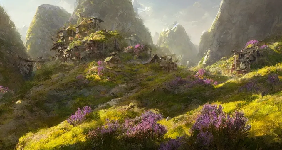 Image similar to natural beauty village on a mountain slope, realistic concept art, eytan zana, one pixel brush, by eugene von guerard, ivan shishkin, lavander and yellow color scheme, dramatic lighting, concept art, trending on artstation