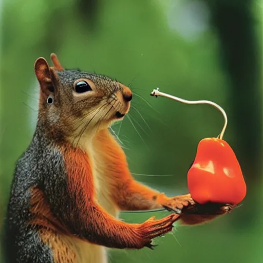 Image similar to a photograph of a Squirrel winces in disgust whilst holding a pepper, portra 800