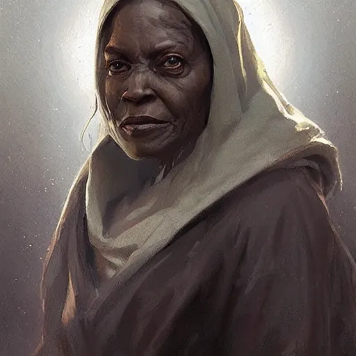 Image similar to portrait of a woman by greg rutkowski, old jedi master, afroamerican, wise, star wars expanded universe, she is about 7 0 years old, wearing jedi robes.