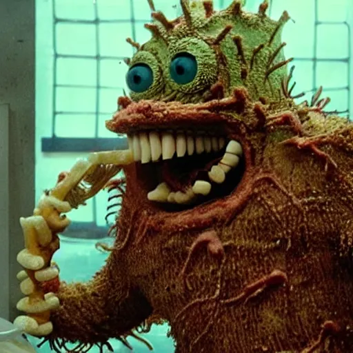 Prompt: a disgusting vile realistic spongebob monster eating a man from The Thing, by Cronenberg and greg nicotero H- 850