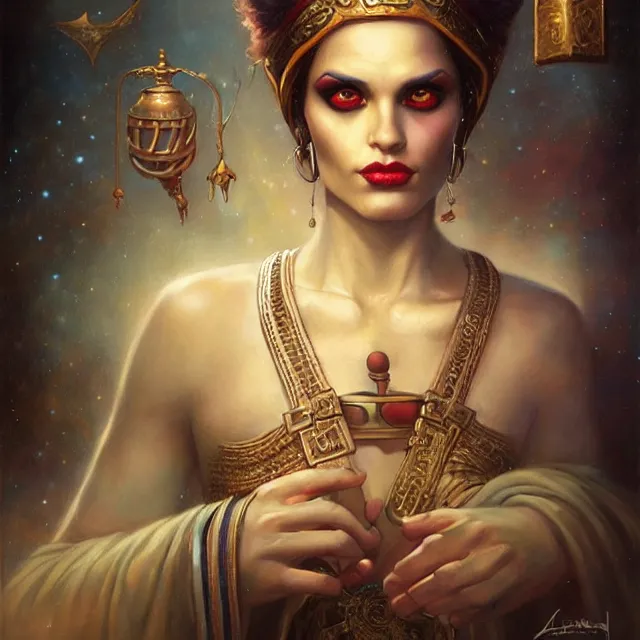 Image similar to portrait of a magical levantine genie, art by tom bagshaw and manuel sanjulian