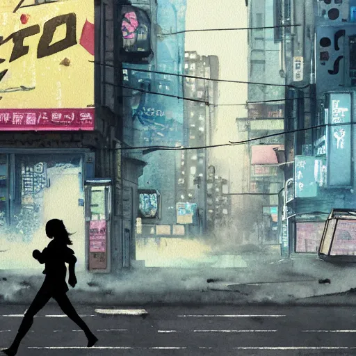 Image similar to incredible wide screenshot, ultrawide, simple watercolor, rough paper texture, ghost in the shell movie scene, backlit distant shot of girl in a parka running from a giant robot invasion side view, yellow parasol in deserted dusty shinjuku junk town, broken vending machines, bold graphic graffiti, old pawn shop, bright sun bleached ground, mud, fog, dust, windy, scary robot monster lurks in the background, ghost mask, teeth, animatronic, black smoke, pale beige sky, junk tv, texture, brown mud, dust, tangled overhead wires, telephone pole, dusty, dry, pencil marks, genius party, shinjuku, koji morimoto, katsuya terada, masamune shirow, tatsuyuki tanaka hd, 4k, remaster, dynamic camera angle, deep 3 point perspective, fish eye, dynamic scene