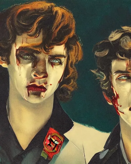 Image similar to two handsome but sinister young men wearing gucci in layers of fear, with haunted eyes and wild hair, 1 9 7 0 s, seventies, wallpaper, a little blood, moonlight showing injuries, delicate embellishments, painterly, offset printing technique, by brom, robert henri, walter popp