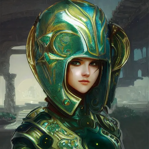 Image similar to portrait knights of Zodiac girl, metalic green and white reflected armor, in ruined Agora of Athens sunrise, ssci-fi, fantasy, intricate, very very beautiful, elegant, golden light, highly detailed, digital painting, artstation, concept art, smooth, sharp focus, illustration, art by tian zi and WLOP and alphonse mucha