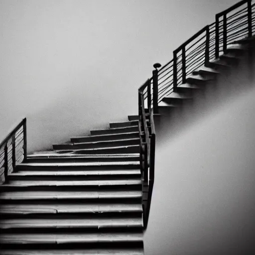 Image similar to black and white surreal photograph, highly detailed vast space made of stairsteps, sideview, detailed textures, natural light, mist, architecture photography, film grain, soft vignette, sigma 1 4 mm f / 1. 4 1 / 1 0 sec shutter, imax 7 0 mm footage