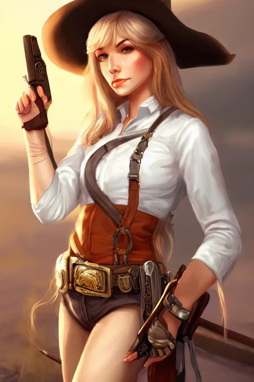 Image similar to full body, female cowgirl, perfect face, white blouse, long rifle, 8 k, magic the gathering, desert, d & d, artstation
