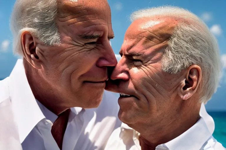 Prompt: closeup portrait of joe biden kissing jeffrey epstein on the cheek, on a sunny beach, us virgin islands, screen light, sharp,x detailed face, magazine, press, photo, Steve McCurry, David Lazar, Canon, Nikon, focus