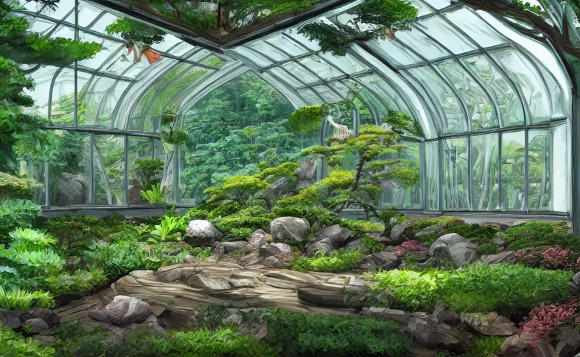 Prompt: japanese garden, forest, greenhouse, sunny bay window, indoor, highly detailed, digital painting, artstation, concept art, sharp focus, illustration