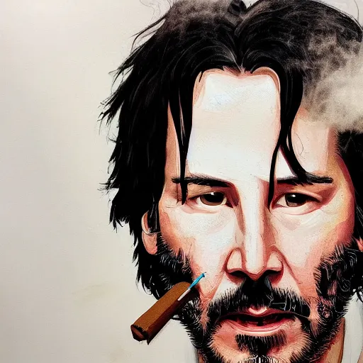 Prompt: a detailed portrait of keanu reeves smoking a cigar art illustration, incredibly highly detailed and realistic, 8 k, sharp focus