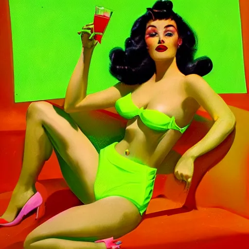 Image similar to portrait of pin up girl in a neon green bikini, visible aura of madness distorting the surroundings, occult details, high quality, 8 k by art frahm
