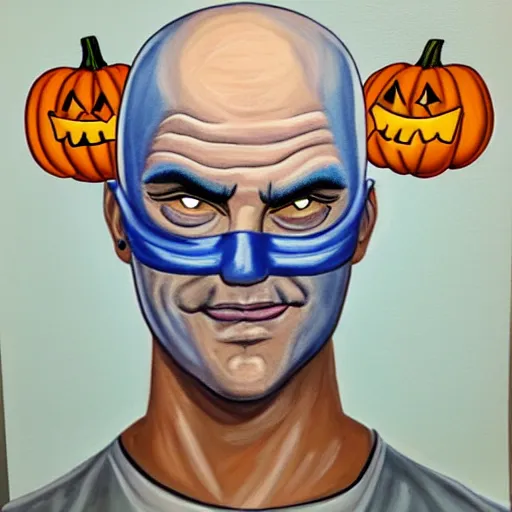 Prompt: painting of mr. clean cosplaying as gigachad, wearing a halloween mask, tattoo on bald head