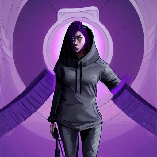 Image similar to poster artwork, sci fi, a female, full body, black hoodie techie, black hair with purple streaks, 8 k