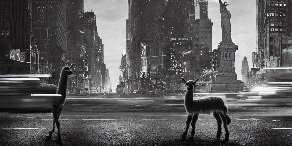 Image similar to a llama walking through a desolate manhattan city street at night, statue of liberty seen in the background, realistic 4 k octane beautifully detailed render, 4 k post - processing, highly detailed, detailed face, intricate complexity, epic composition, magical atmosphere, cinematic lighting, masterpiece, color picture, ultra hd