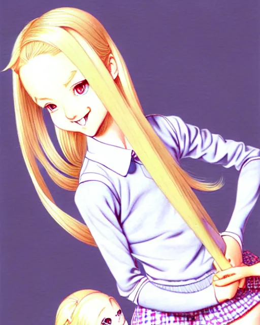 Prompt: illustration depicting a wealthy young mischievous female prep school student with medium length bright blonde hair and pale skin in her father's den, complex artistic style, color ink pen illustration, subtle detailing, illustrated by Artgerm and Range Murata.