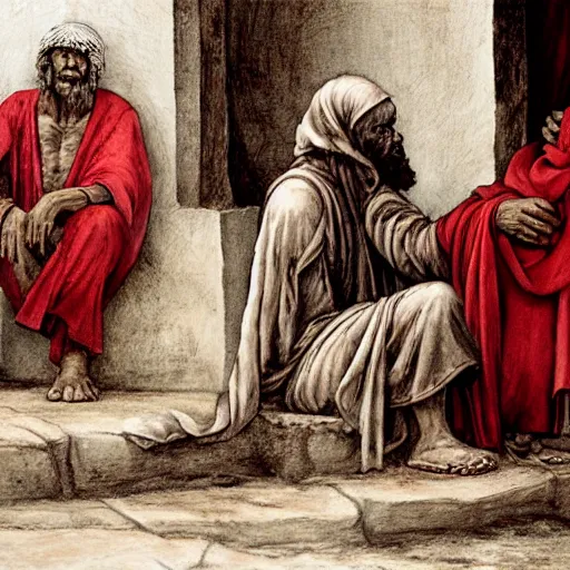 Prompt: ragged leper begging for coins on a streetcorner in biblical times. The street is very dusty. A crowd passes by. Zoomed out streetscape. The leper wears brown sandals. art by michaelangelo. Black, white, red color scheme. Tricolor image. Black, white, red.