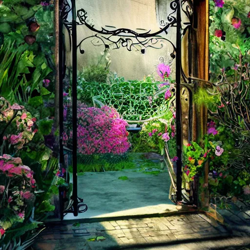 Image similar to delicate, chairs, garden, paved, botanic watercolors, iridescent, 8 k, realistic shaded, fine details, artstation, italian, iron gate, tree, mediterranean, neon flowers