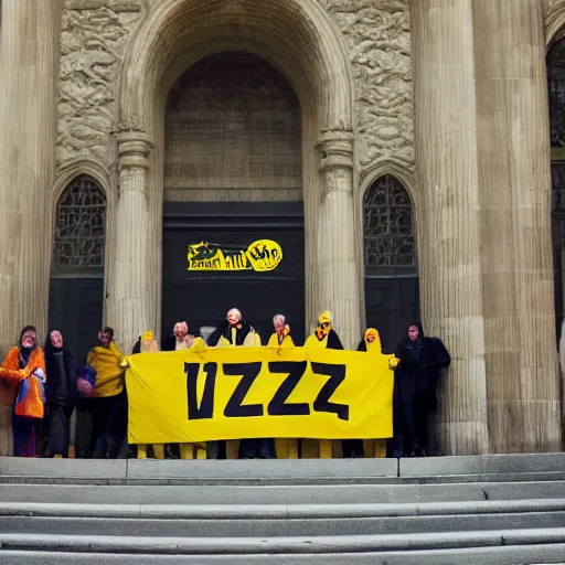 Image similar to a meeting of cat wizards dressed in yellow raincoats. A banner that reads 'Wiz Biz only, Fools' adorns the hall in which the meeting is happening. Hypermaximalistic, hyper detailed 4k resolution photo realistic