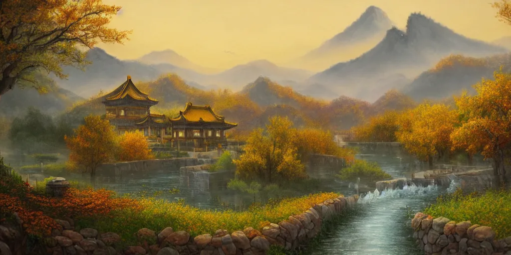 Prompt: painting of a FANTASY winery in BEIJING autumn, with a river winding through them. In the distance, there are mountains. by bob ross, Albert Bierstadt, immaculate scale, hyper-realistic, trending on Artstation, 8k, detailed, atmospheric, immaculate