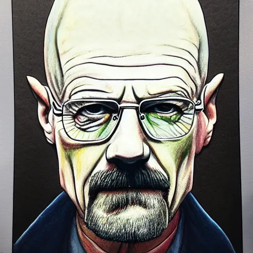 Image similar to walter white covered in acid smoke, colored pencil drawing