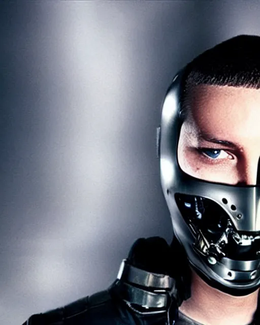 Image similar to young eminem wearing a futuristic mechanical mask with amber eye reflective lenses, and black leather body armor.